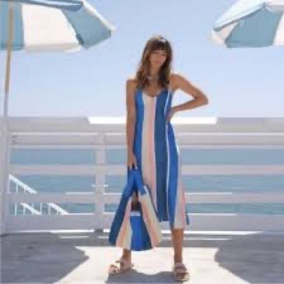 H&M X Lemlem Vertical Stripe Blue, Cream Blogger Favorite Slip Dress NWT - Picture 1 of 12